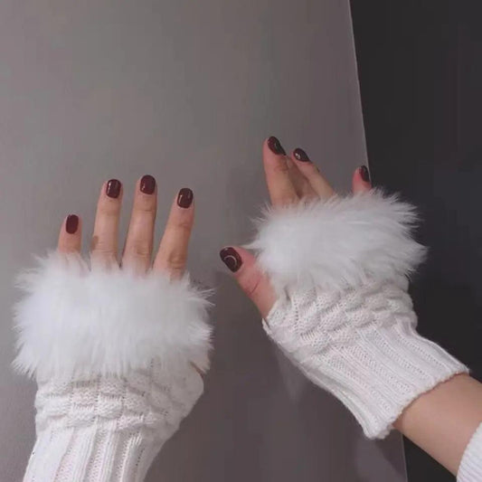 2 Pcs Off White Embroidered Wool Fingerless Gloves for Women